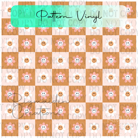 Checkered Smiles & Flowers Pattern Vinyl - 12x12