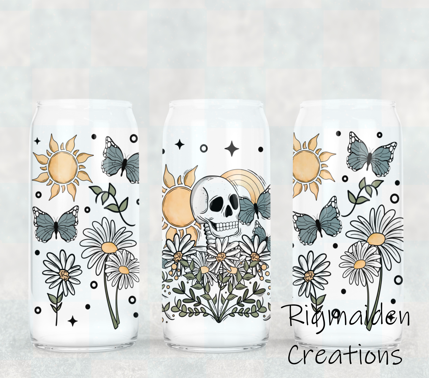 Skull & Sunflower UV DTF Glass Can Wrap